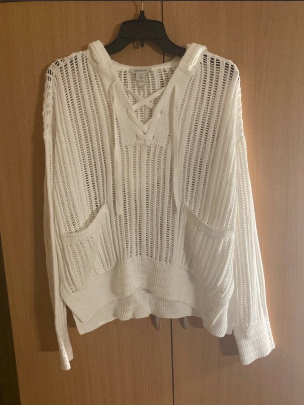 Sundance Open-Knit White Lace-Up V-Neck Hoodie Sweater